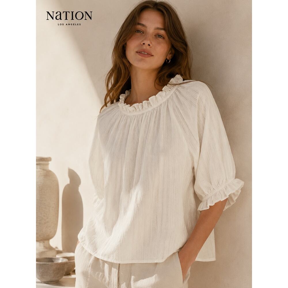 NWT Nation LTD Whitney Ruffle Blouse Ivory Cotton Puff Sleeve Cottagecore Top L